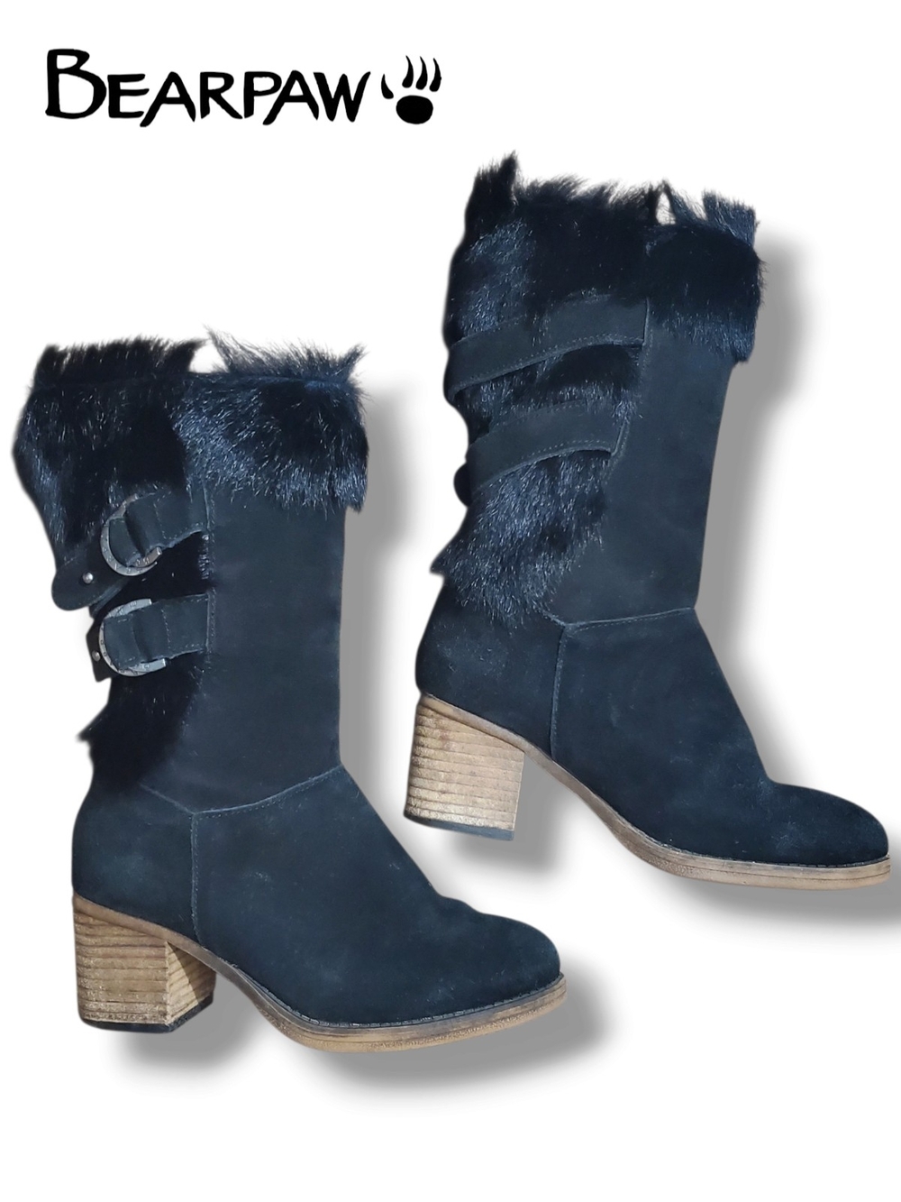 Bearpaw Madeline Black Cow Suede Real Goat Fur Heeled Boots Size 6